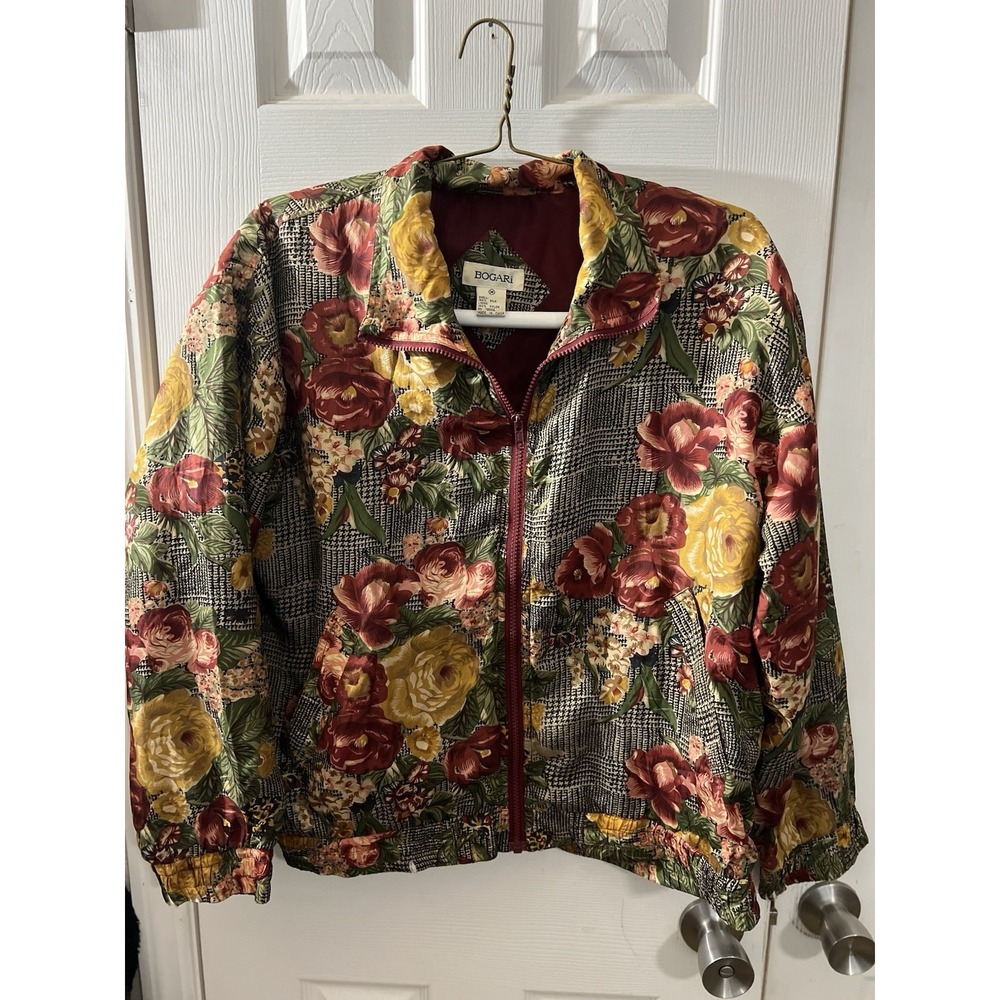 Vintage‎ Bogari 100% Silk Bomber Jacket Women's M Floral Plaid 80s 90s Retro